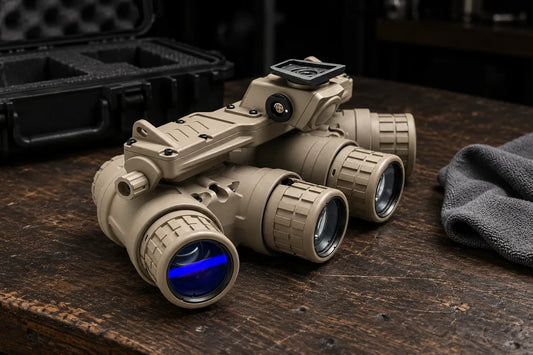 Night Operators GPNVG-18 quad night vision goggle complete with four tubes, in front of its open hard case