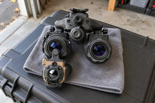 Night Operators Jerry-C Pro COTI clip-on thermal imager under one tube of a PVS-31 PRO dual tube night vision binocular, resting on a cloth on a hard case