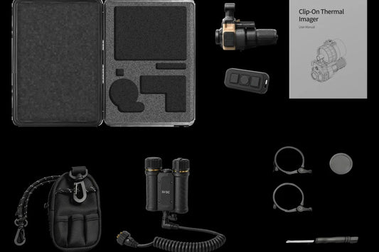 Everything in the Jerry-C Pro COTI clip-on thermal imager box: hard case, thermal unit, remote, clamp rings, battery pack, manual