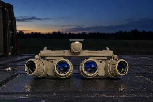 Night Operators GPNVG-18 complete quad nods on a truck tailgate at dusk, GPNVG-18 alternatives compared
