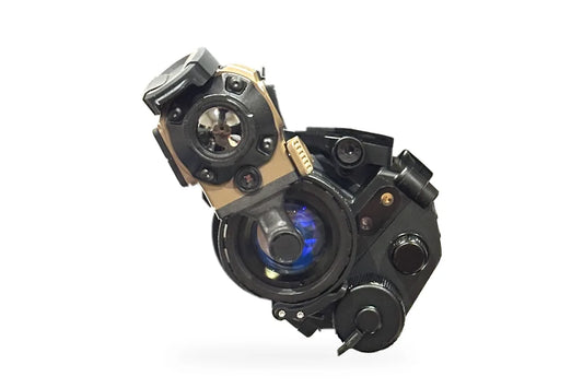 Jerry-C Pro COTI clip-on thermal on a PVS-14 night vision monocular, straight front view, clamp at about 11 o'clock