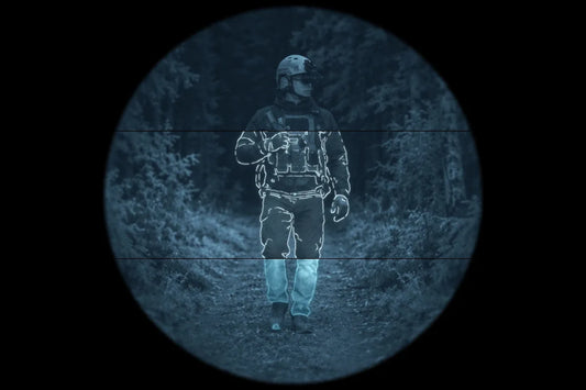 Illustration: one night scene in three bands, night vision only, then the Jerry-C Pro COTI clip-on thermal in outline mode, then in highlight mode