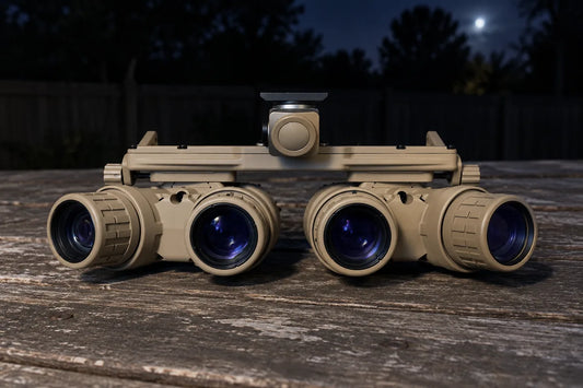 Tube quad night vision goggle with four objective lenses on a porch table at night, digital quad vs tube quad