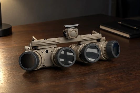 GPNVG-18 quad night vision goggle with tinted front caps on a dark desk, how much quad nods cost