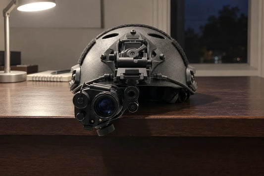 L4 G24-pattern night vision helmet mount holding a PVS-14 on the front of a bump helmet, sitting on a desk at night