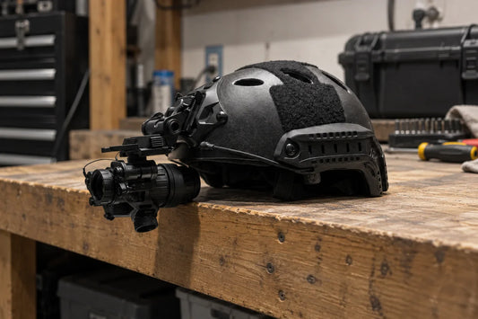 Bump helmet with a PVS-14 night vision monocular on a G24 pattern mount and J-arm, sitting on a garage workbench