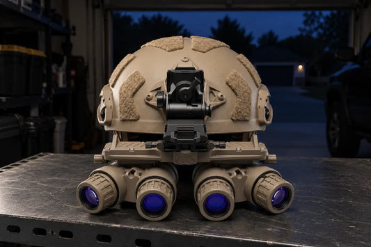 GPNVG-18 quad nods on a helmet on a garage gear shelf at dusk, quad vs dual tube