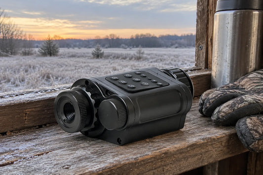 Night Operators PREDATOR thermal monocular resting on the ledge of a hunting blind over a frosty field at first light