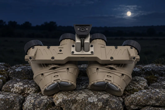 Rear eyepieces of a white phosphor quad night vision goggle on a stone wall at moonrise