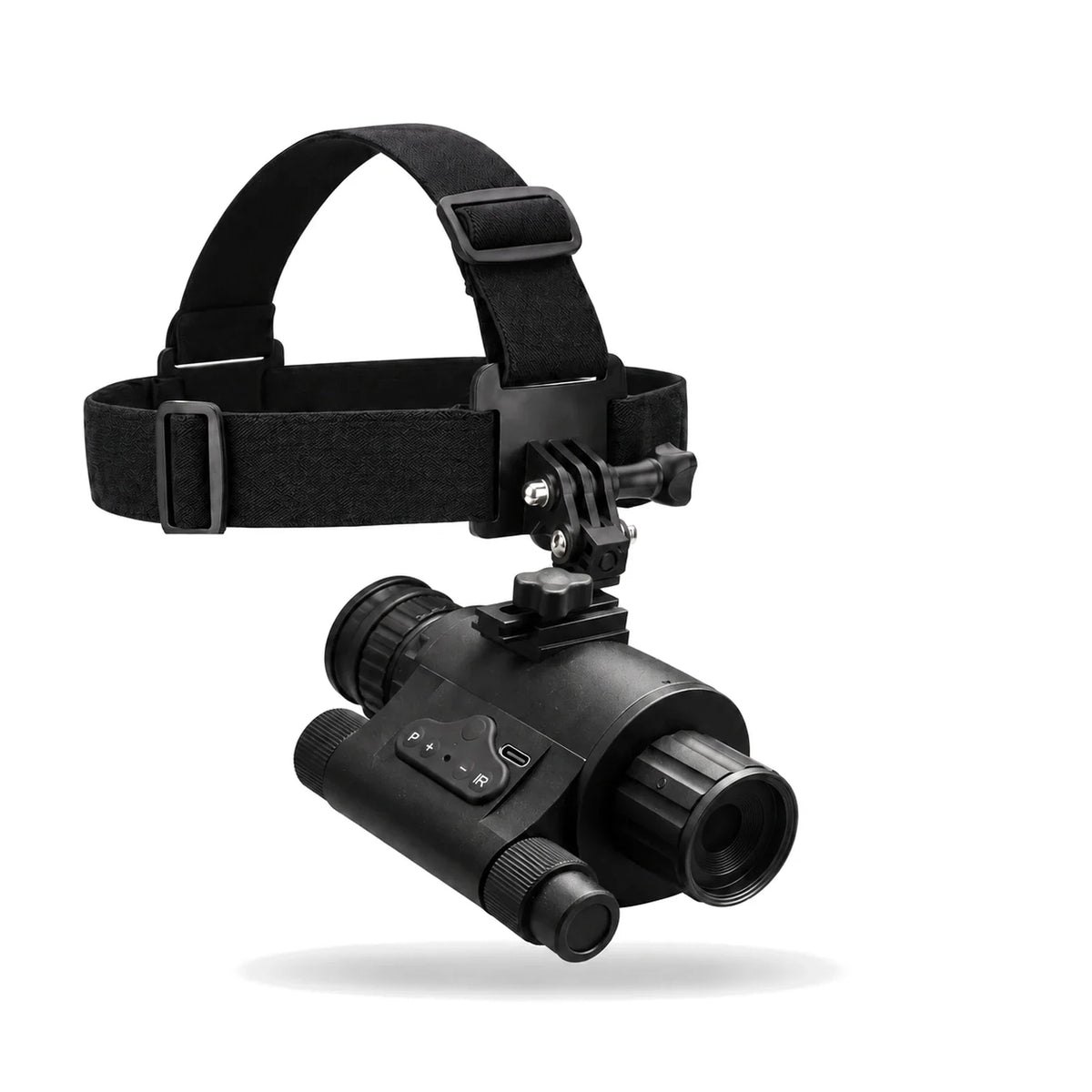 VIPER night vision monocular on its headstrap, button side, on white