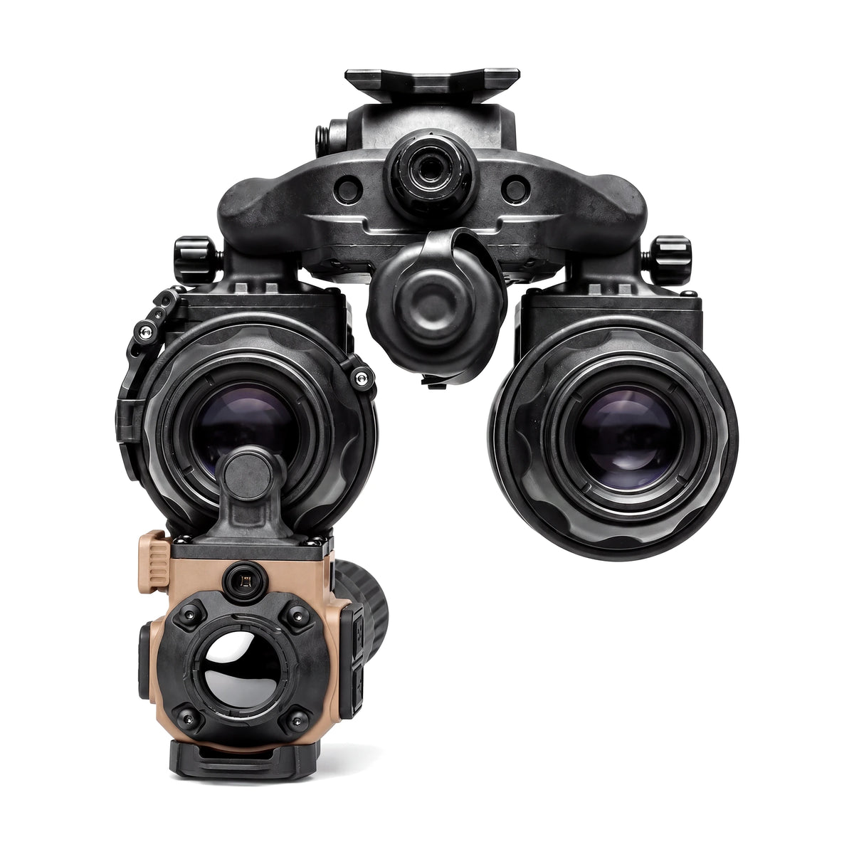 ADV-COTI clip-on thermal mounted on one tube of a Night Operators PVS-31 PRO dual tube night vision binocular