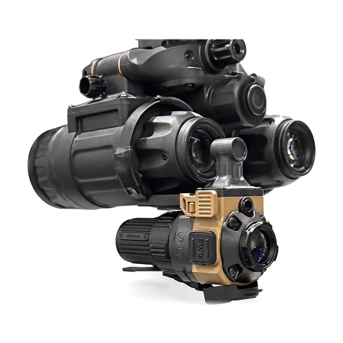 Close up: ADV-COTI clip-on thermal clamped under one objective of a PVS-31 PRO