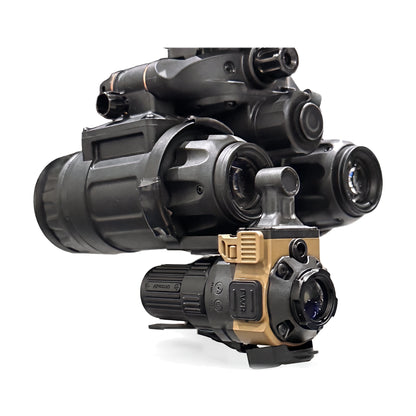 Close up: ADV-COTI clip-on thermal clamped under one objective of a PVS-31 PRO
