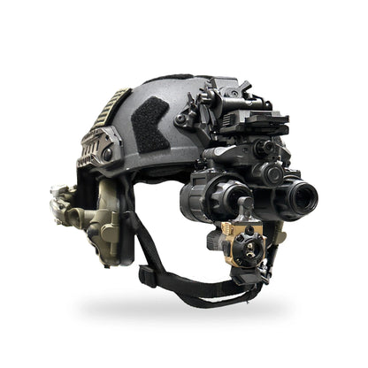ADV-COTI clip-on thermal under one tube of a Night Operators PVS-31 PRO on an empty helmet, three quarter front view
