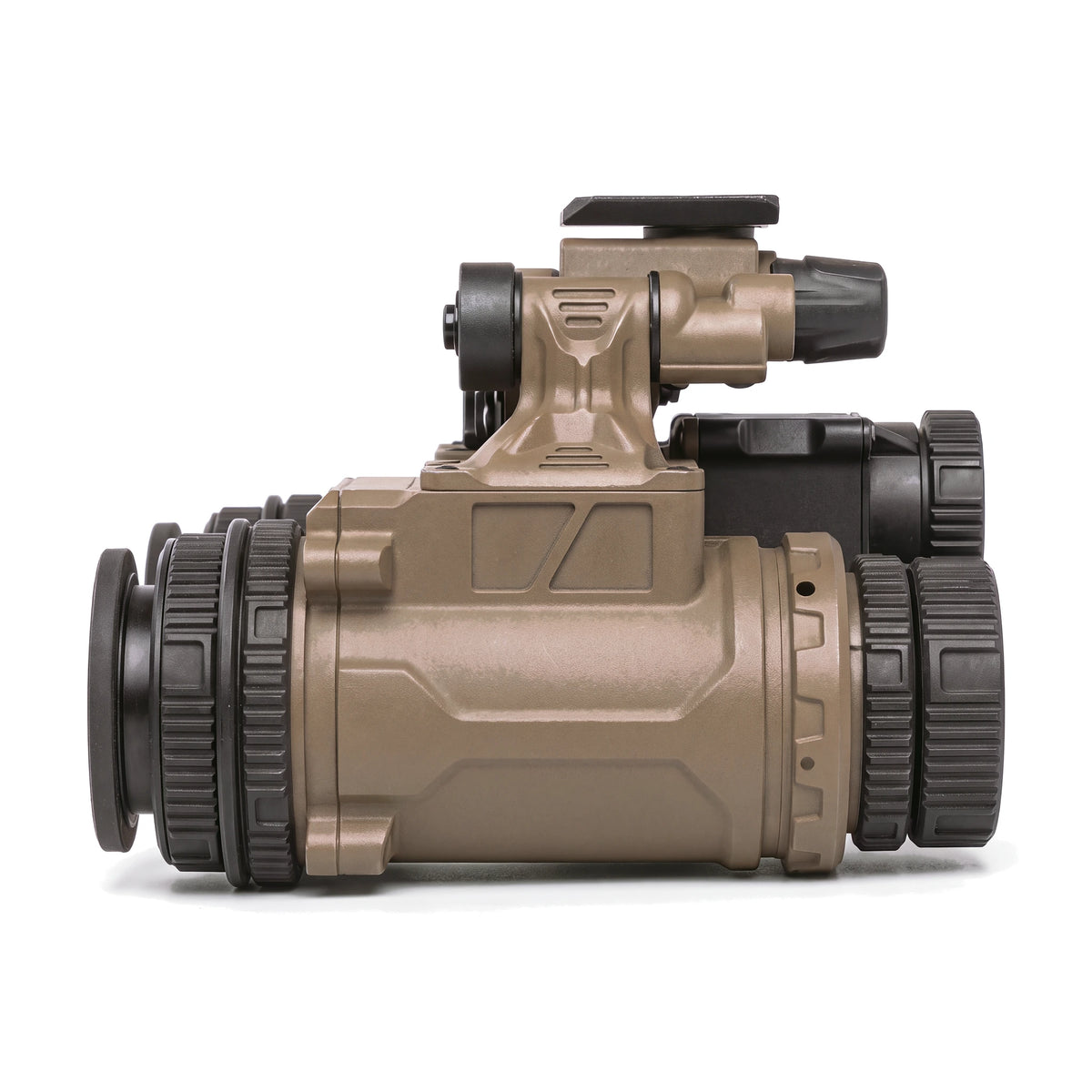 DFB-31 fusion binocular side view showing the pod, focus rings and the helmet shoe on top