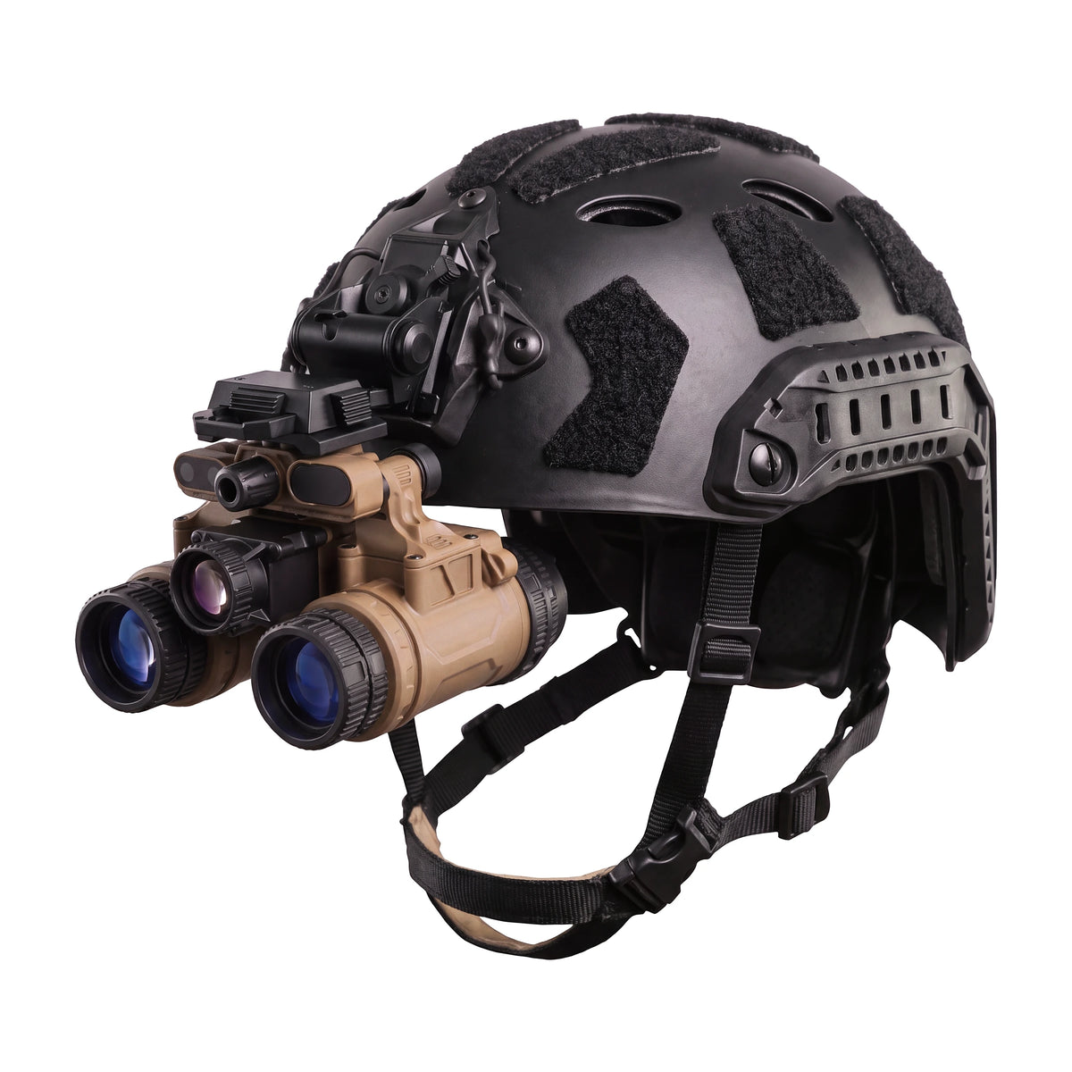 DFB-31 dual fusion binocular on its helmet mount on an empty black vented helmet, front three quarter view