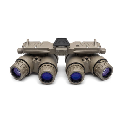 GPNVG-18 panoramic night vision goggle, Sand housing, straight front view of the four objective lenses