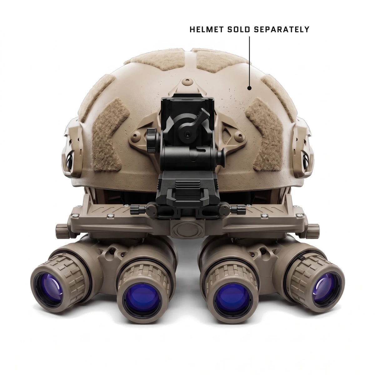 GPNVG-18, Sand housing, on a tan helmet with a black helmet mount, front view. Helmet sold separately