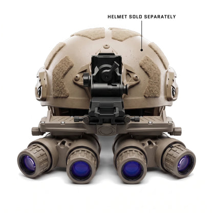 GPNVG-18, Sand housing, on a tan helmet with a black helmet mount, front view. Helmet sold separately