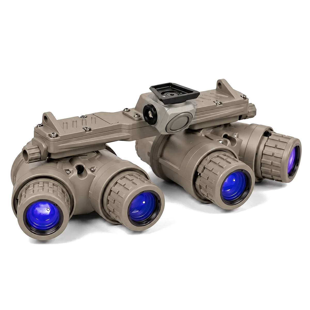 Night Operators GPNVG-18 four tube panoramic night vision goggle, Sand housing, front three quarter view
