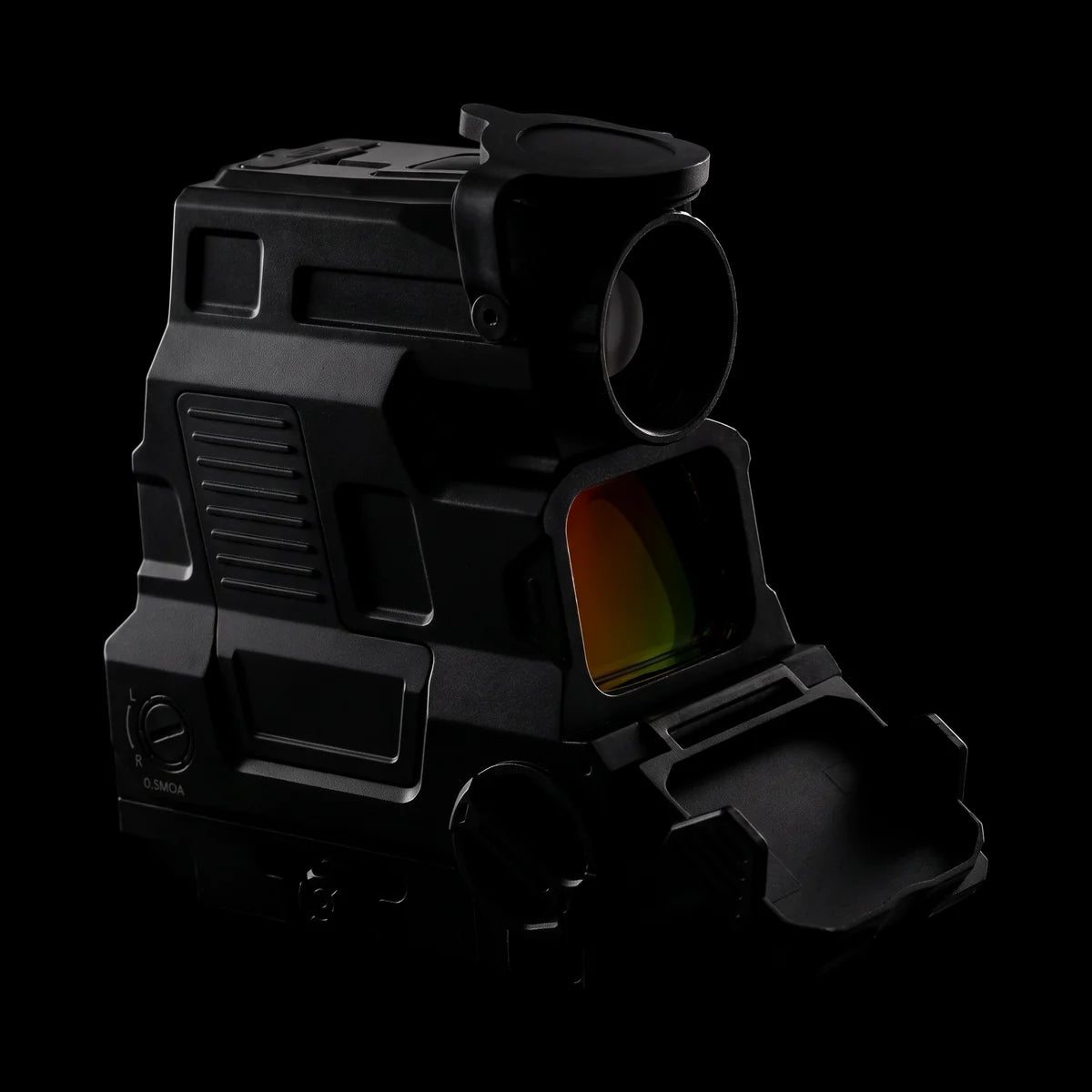 Night Operators HYBRID, front three quarter view on black with the thermal lens and window covers open