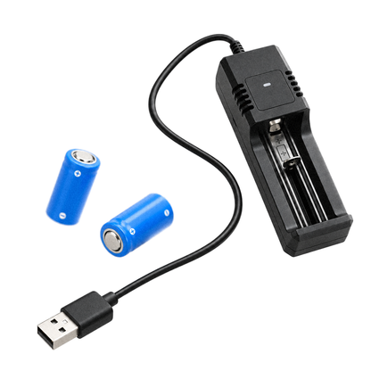 PREDATOR spare battery kit, 1 Pack: two 16340 rechargeable cells and a single slot USB charger