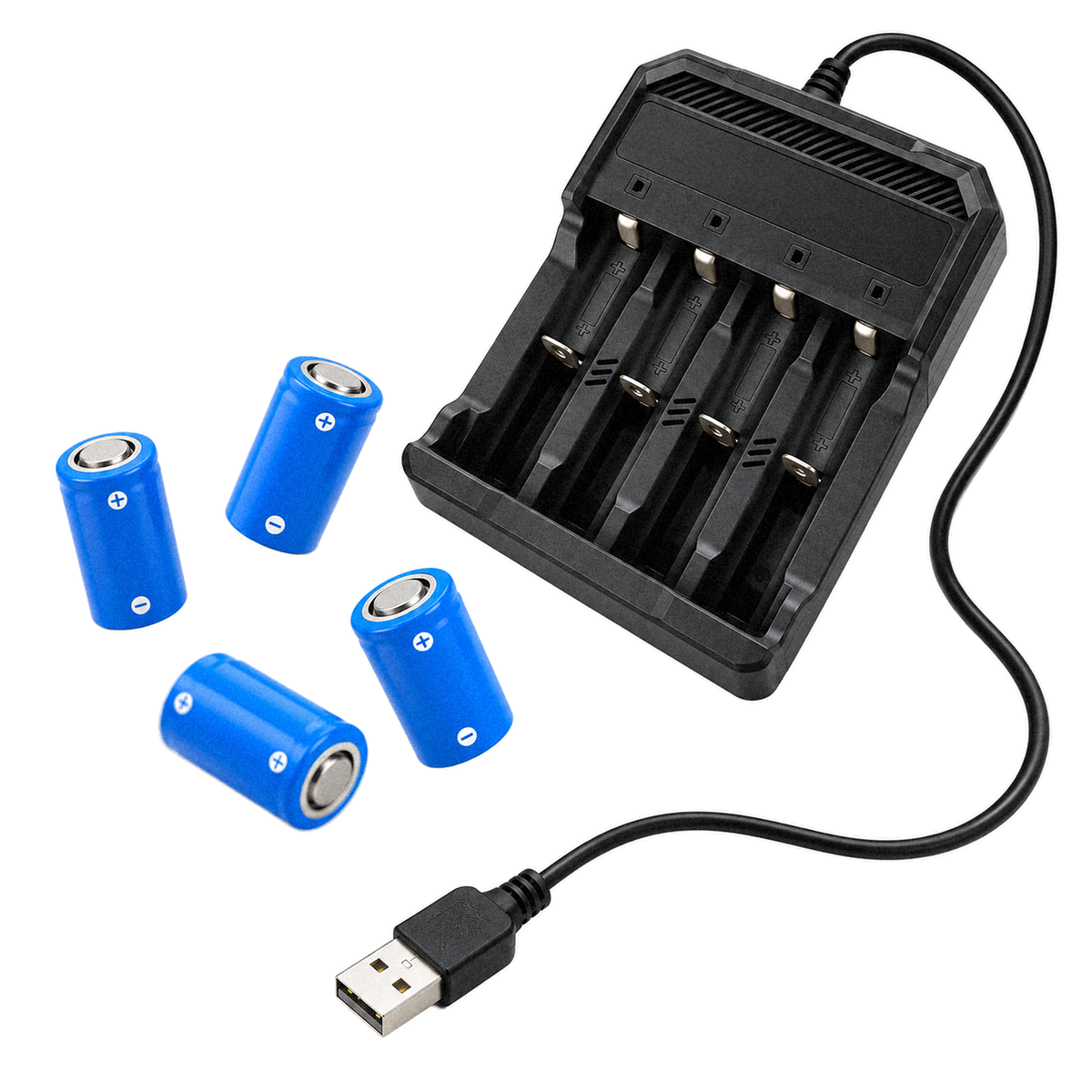 PREDATOR spare battery kit, 2 Packs: four 16340 rechargeable cells and a four slot USB charger