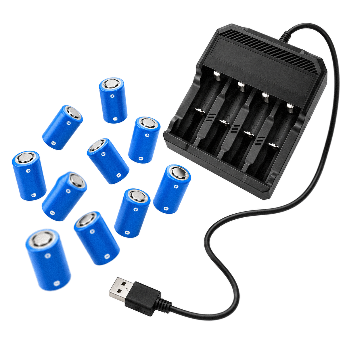 PREDATOR spare battery kit, 5 Packs: ten 16340 rechargeable cells and a four slot USB charger