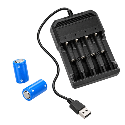 PREDATOR spare battery kit: 16340 rechargeable cells and a four slot USB charger