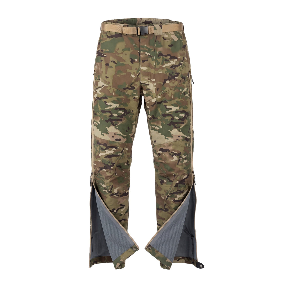 TALON Hardshell Pants, Multicam Fleece-Lined, side zips open to show the lining