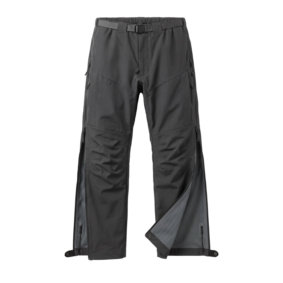 TALON Hardshell Pants, Charcoal Fleece-Lined, side zips open to show the lining