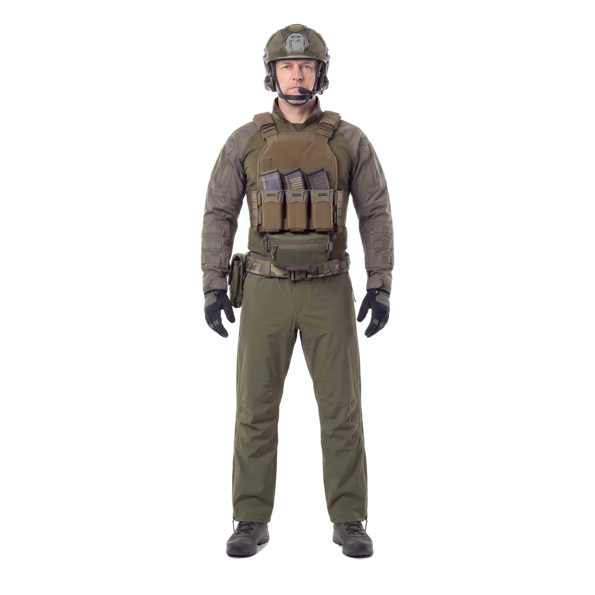 TALON Hardshell Pants in Ranger Green, worn with a full Ranger Green kit, front view