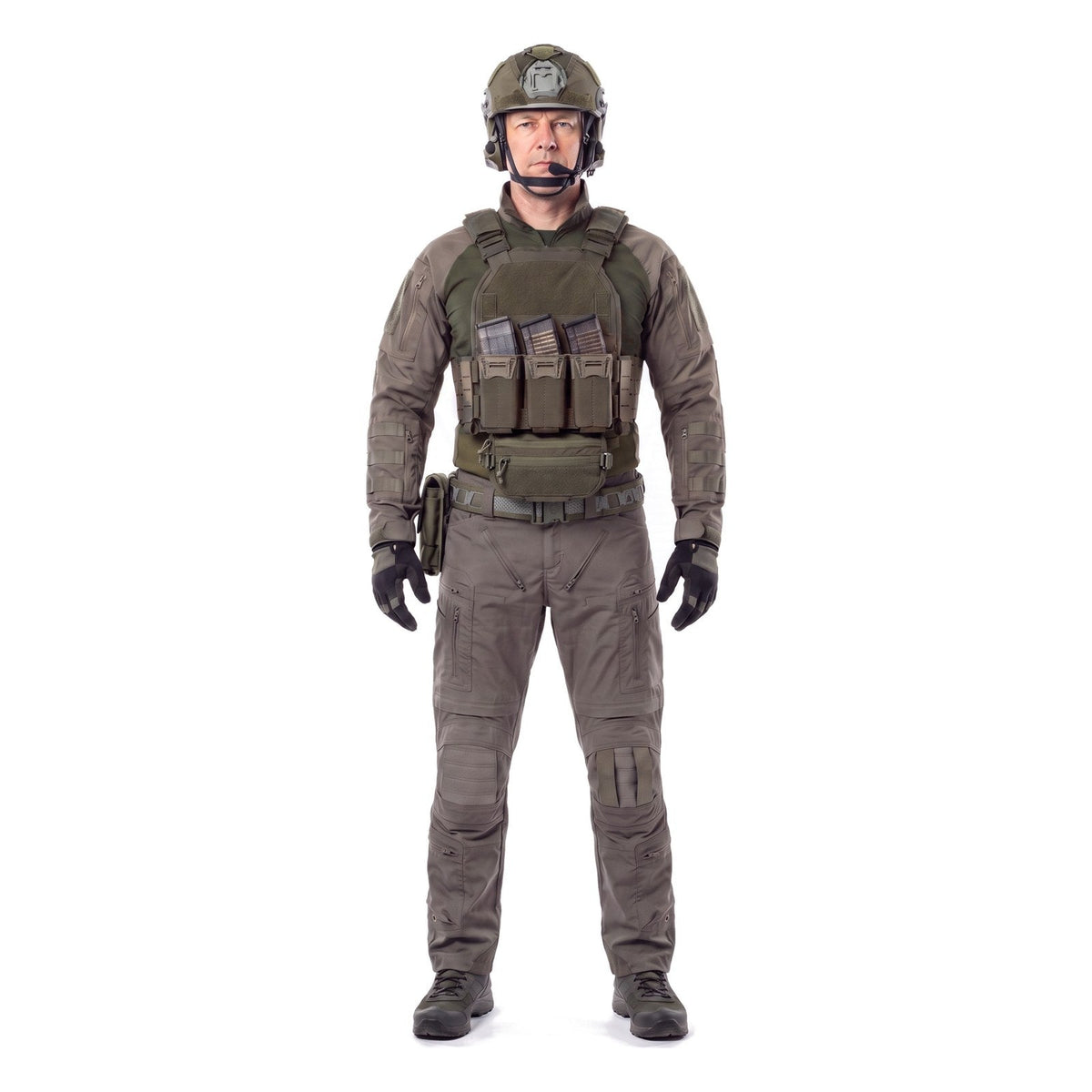 TALON Combat Set in Ranger Green, worn with a Ranger Green carrier, belt and pouches, front