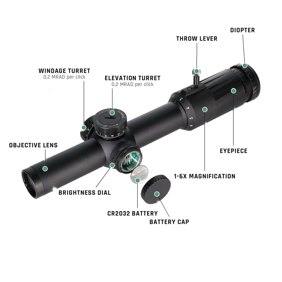 VD 1-6 LPVO parts: turrets, throw lever, diopter, battery