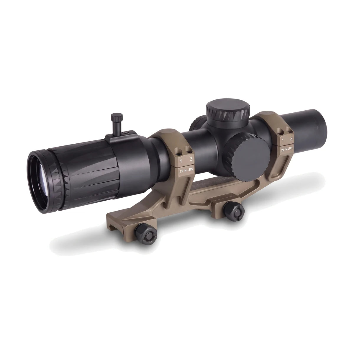 Night Operators VD 1-10 LPVO in the tan Nightforce 34 mm mount, 1.54 in, on white