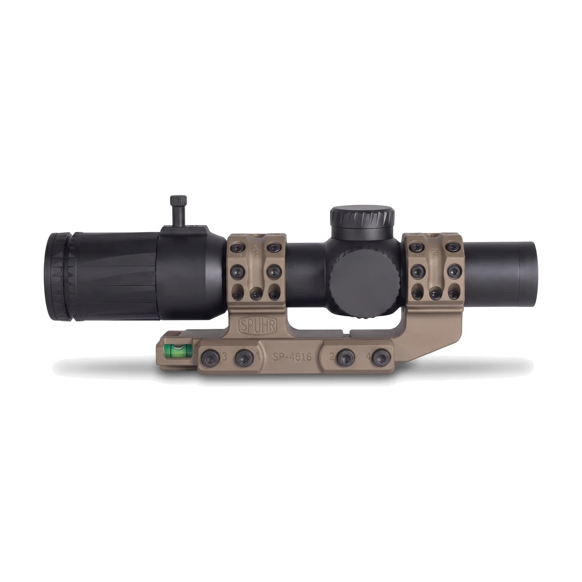 Night Operators VD 1-10 LPVO in the tan SPUR 34 mm cantilever mount, 1.50 in, on white